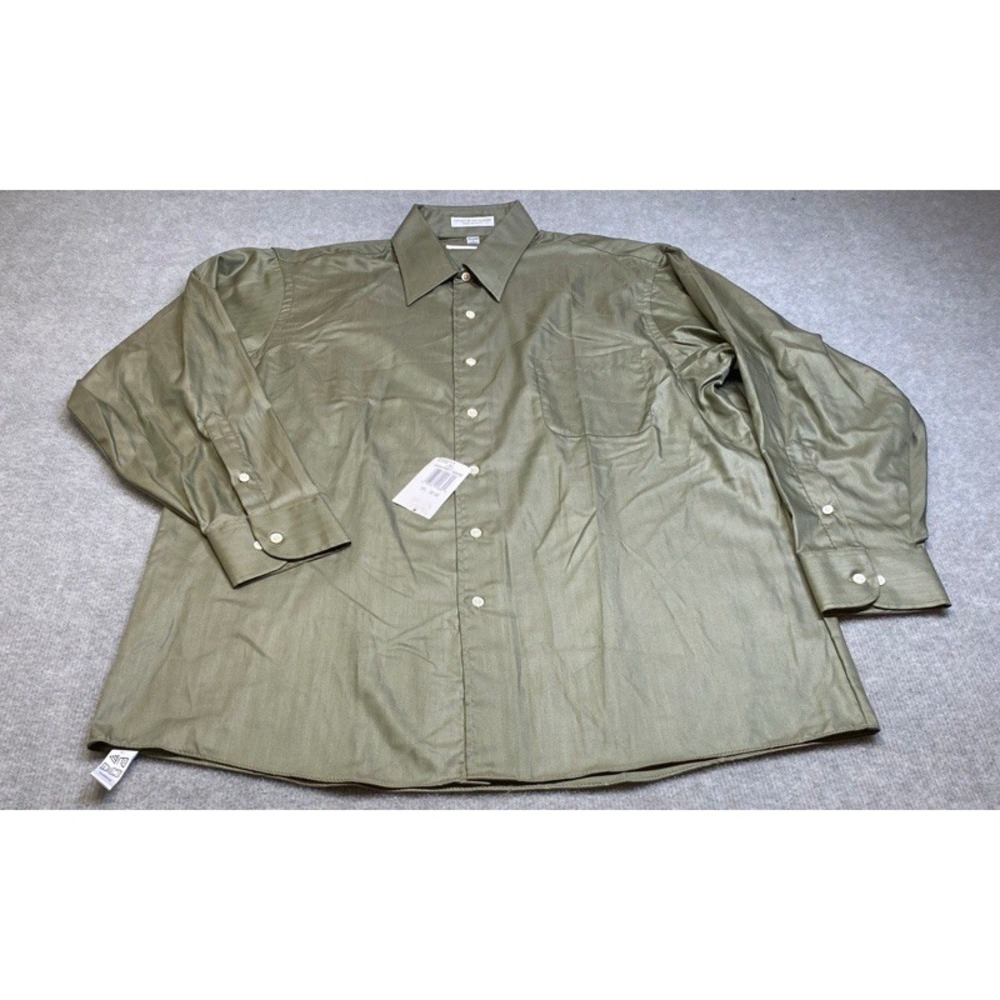 Geoffrey Beene Button Down Mens 16.5 32/33 L Olive Green Herringbone Shirt